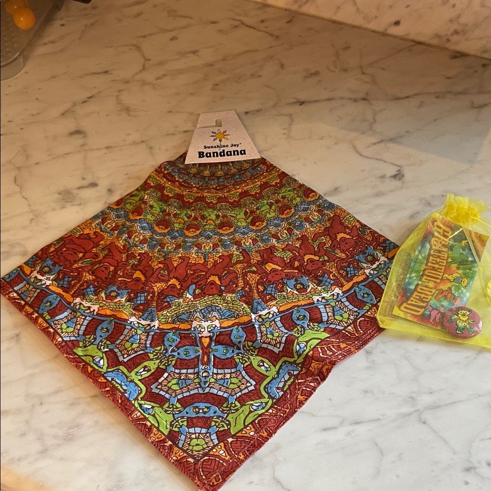 Grateful Dead Multicolor Paisley Bandana, Button and Sticker